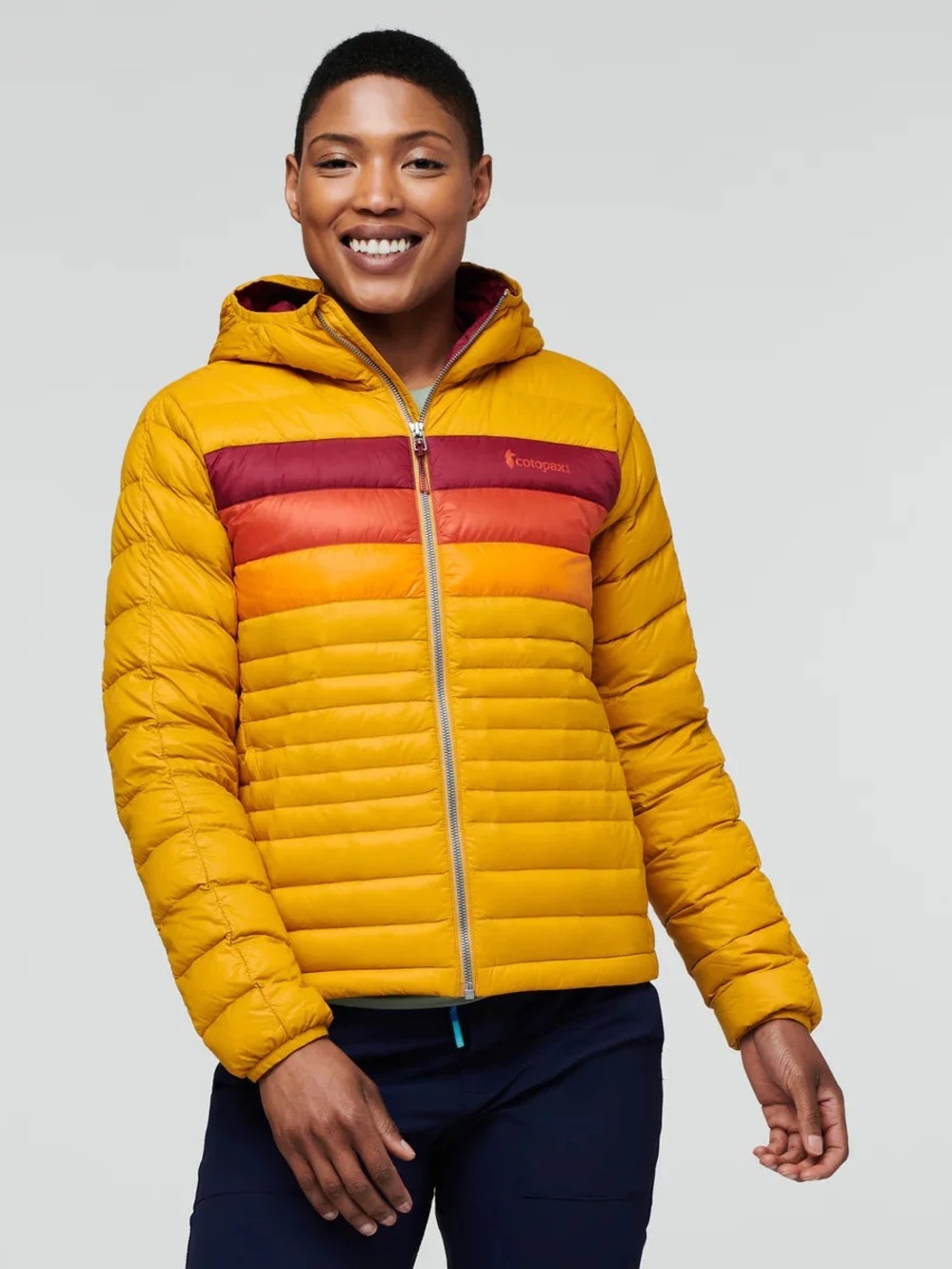 Cotopaxi Fuego Down Hooded Jacket color Amber Stripes Sz womens medium